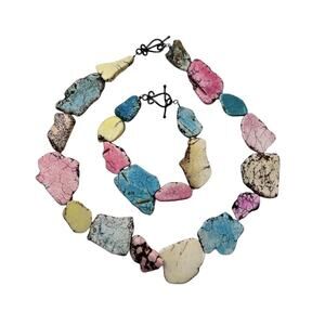 Sterling Silver 21" Necklace & 9.75" Bracelet Statement Dyed Howlite Blue Pink